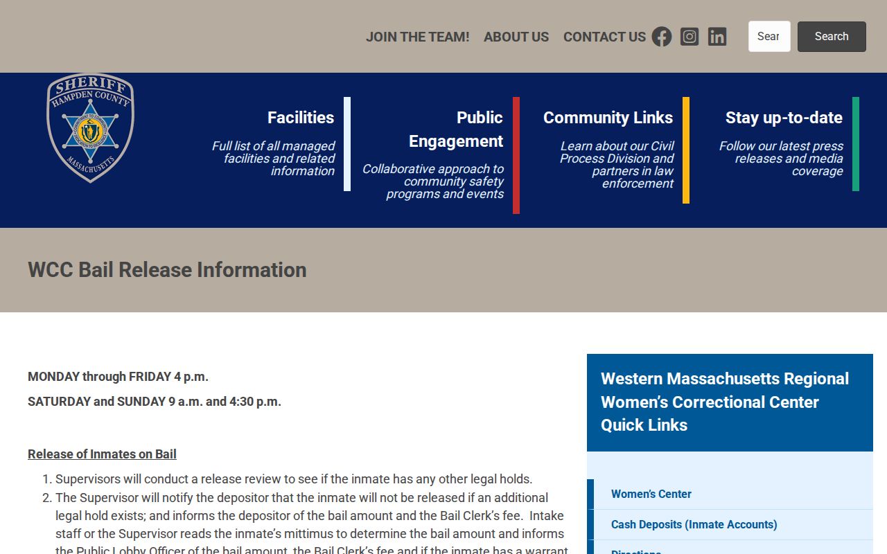 Western Massachusetts Regional Women’s Correctional Center bail release schedule
