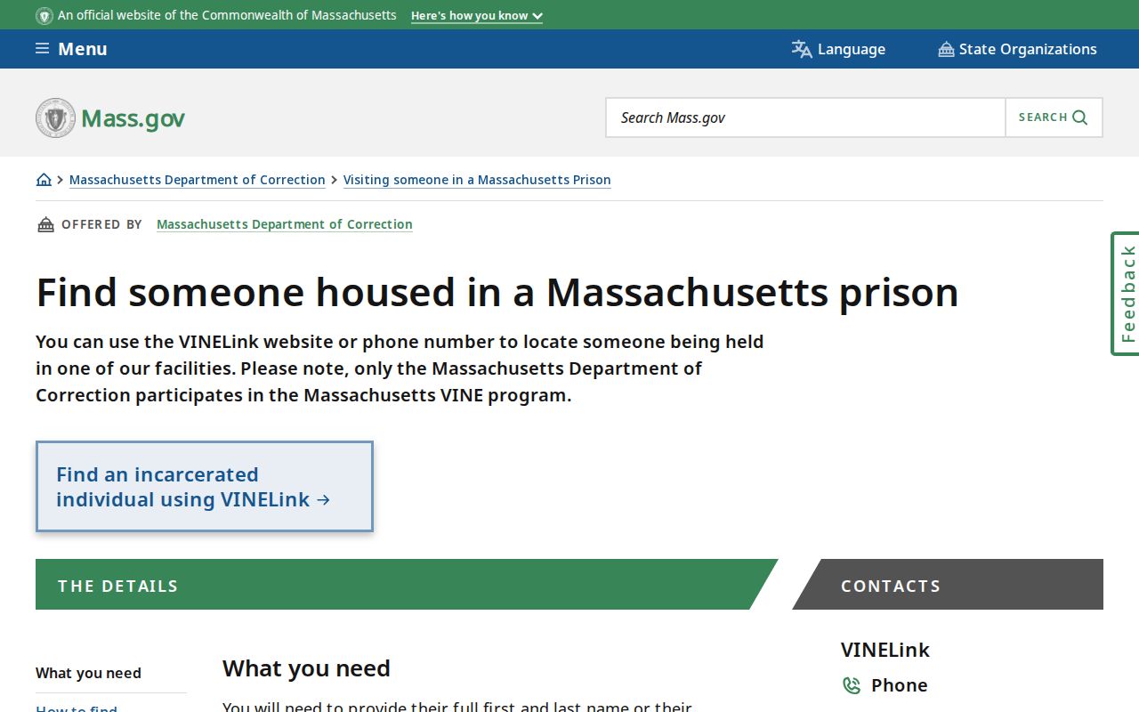 Official Massachusetts prison lookup route for Hampden County released inmates